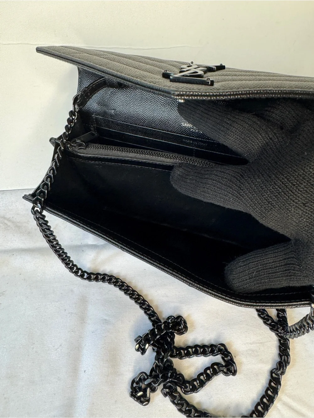 Saint Laurent Black Quilted Chevron Envelope Wallet On Chain